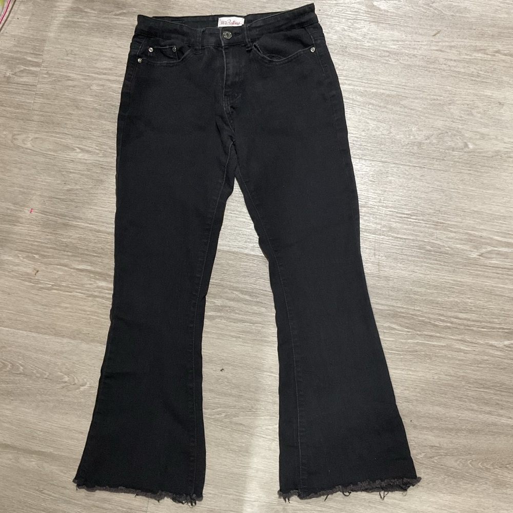 (Black) Red Bottoms High Waist Flare Leg Booty Lift Jeans, Size 11/30